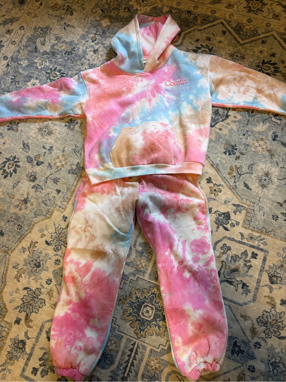Casual Kids Tie-Dye Hoodie & Jogger Set - Comfrt - Pink Blue Cream